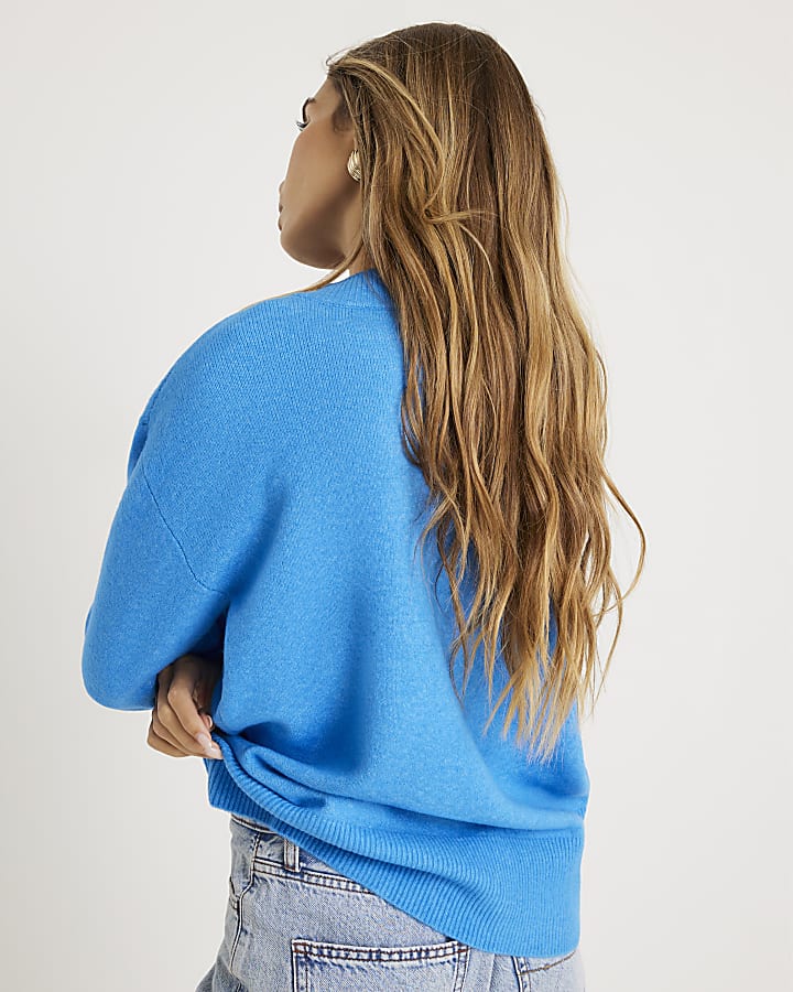 Blue Knitted V Neck Jumper