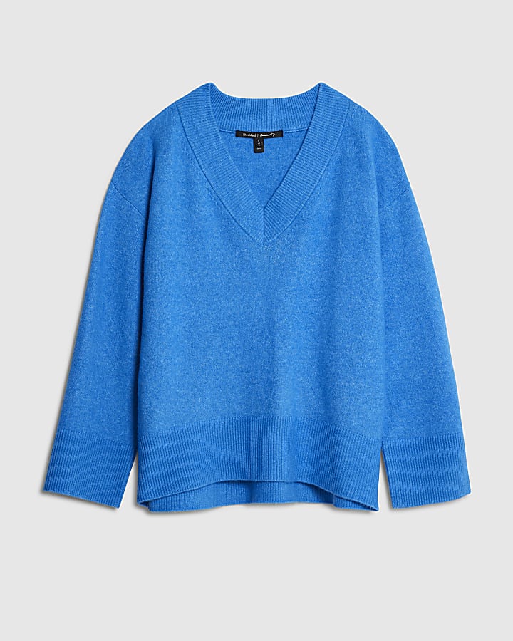 Blue Knitted V Neck Jumper