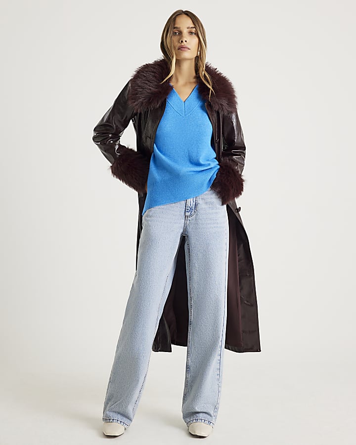 Blue Knitted V Neck Jumper