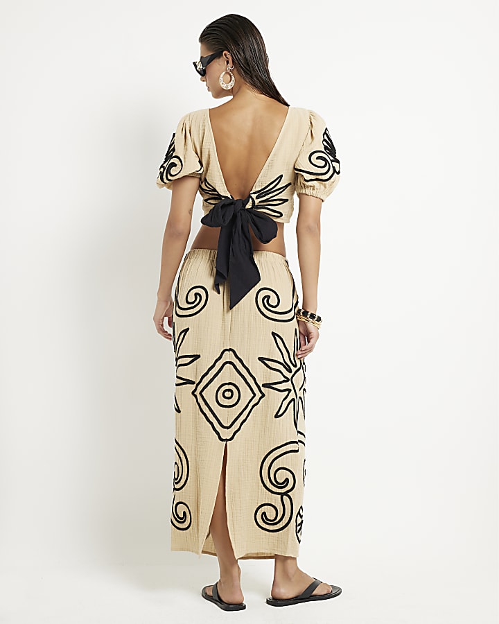 Beige Embroidered Beach Maxi Skirt