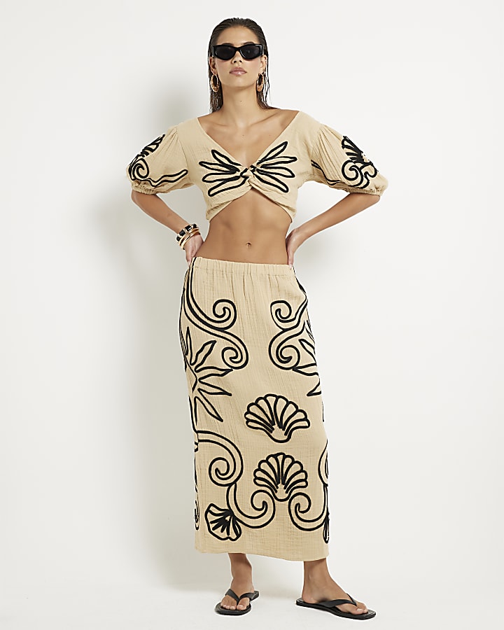 Beige Embroidered Beach Maxi Skirt