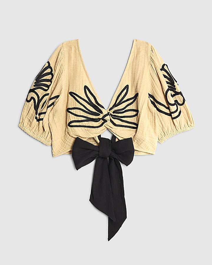 Beige Embroidered Beach Crop Top