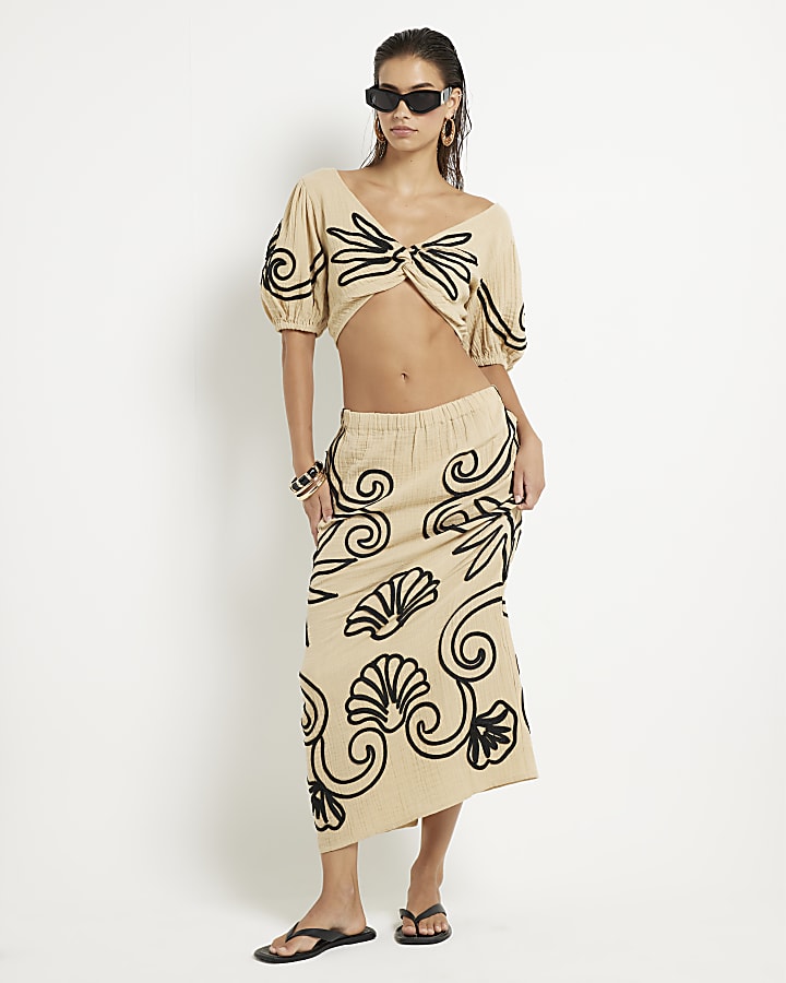 Beige Embroidered Beach Crop Top