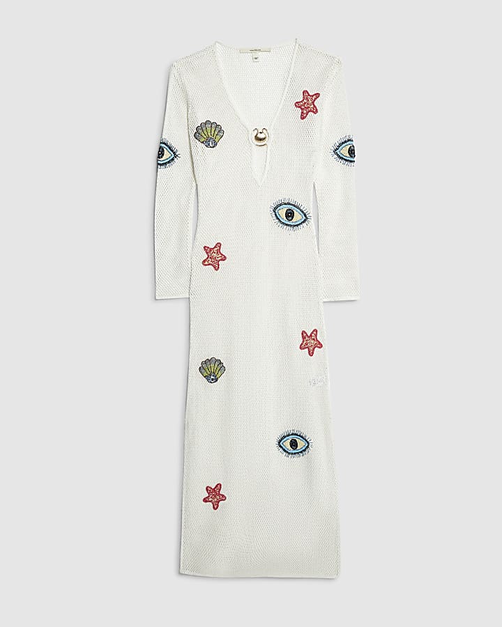 White Embroidered Knit Maxi Beach Dress