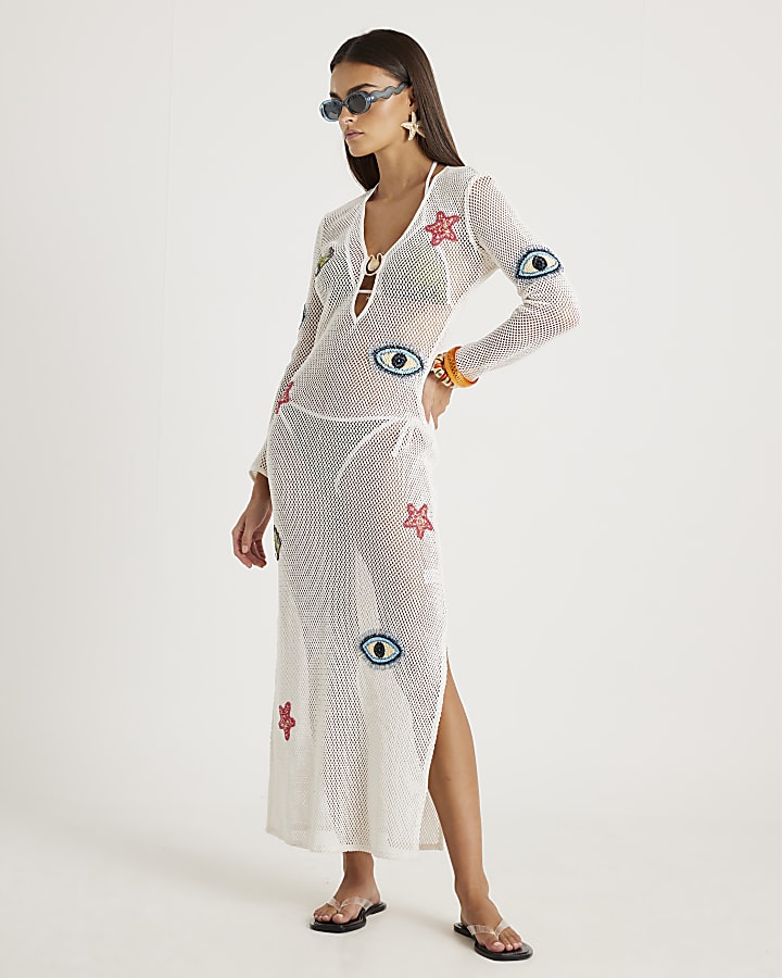 White Embroidered Knit Maxi Beach Dress