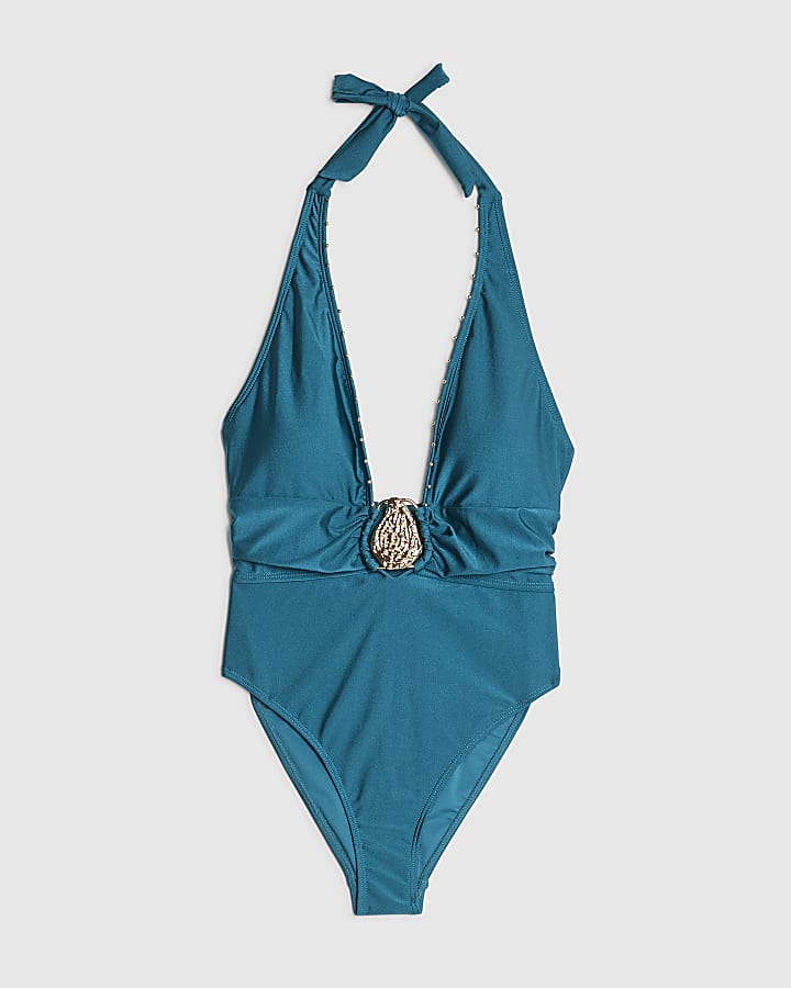 Blue Studded Plunge Halterneck Swimsuit