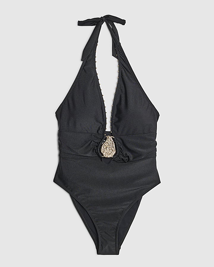 Black Studded Plunge Swimsuit