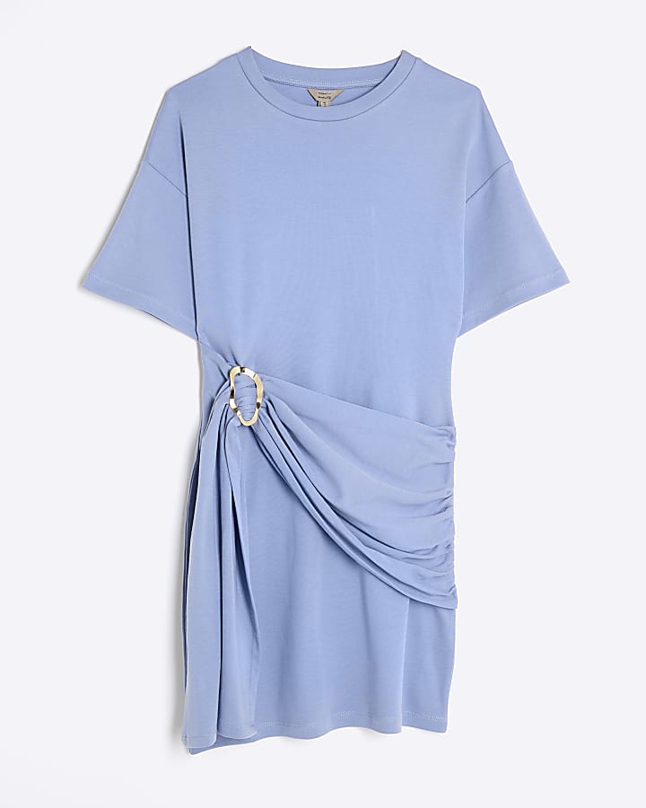 Blue Short Sleeve Belted Mini T-shirt Dress
