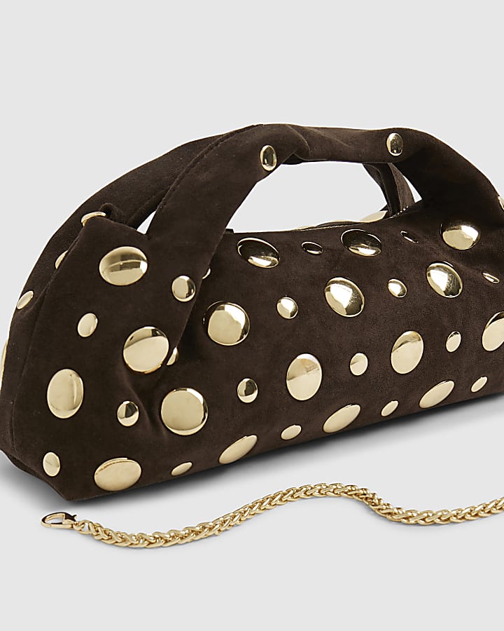 Brown Faux Suede Studded Cross Body Bag