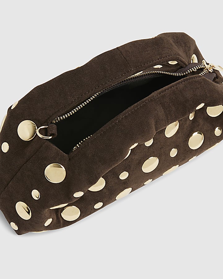 Brown Faux Suede Studded Cross Body Bag