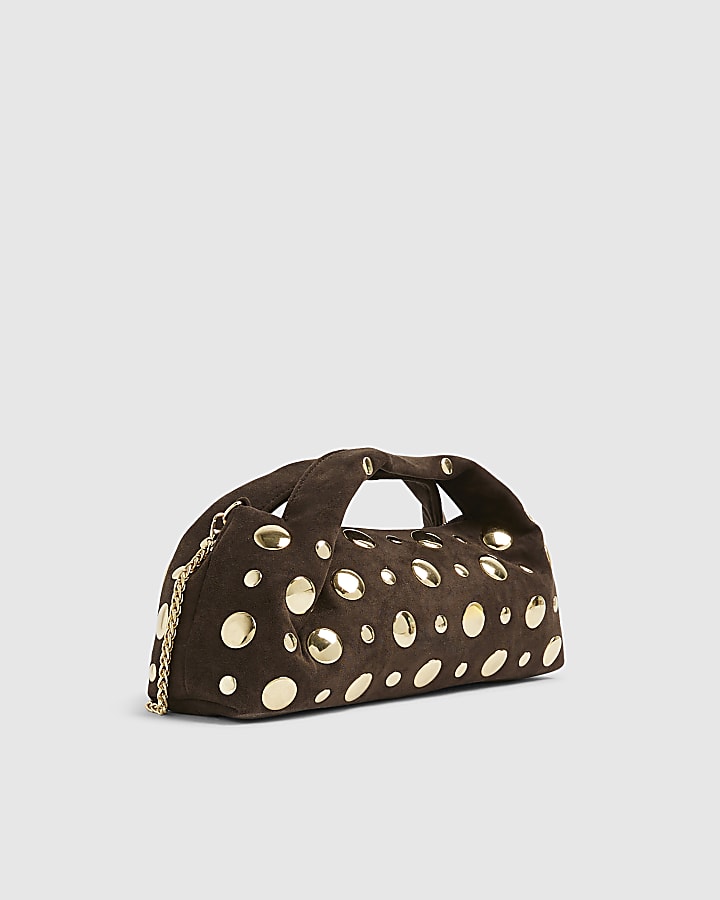 Brown Faux Suede Studded Cross Body Bag