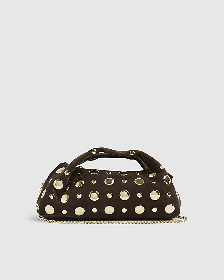 Brown Faux Suede Studded Cross Body Bag