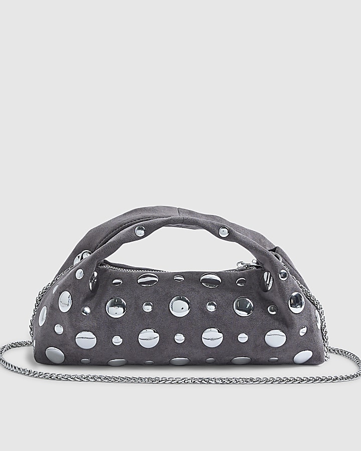 Grey Studded Faux suede Cross Body bag