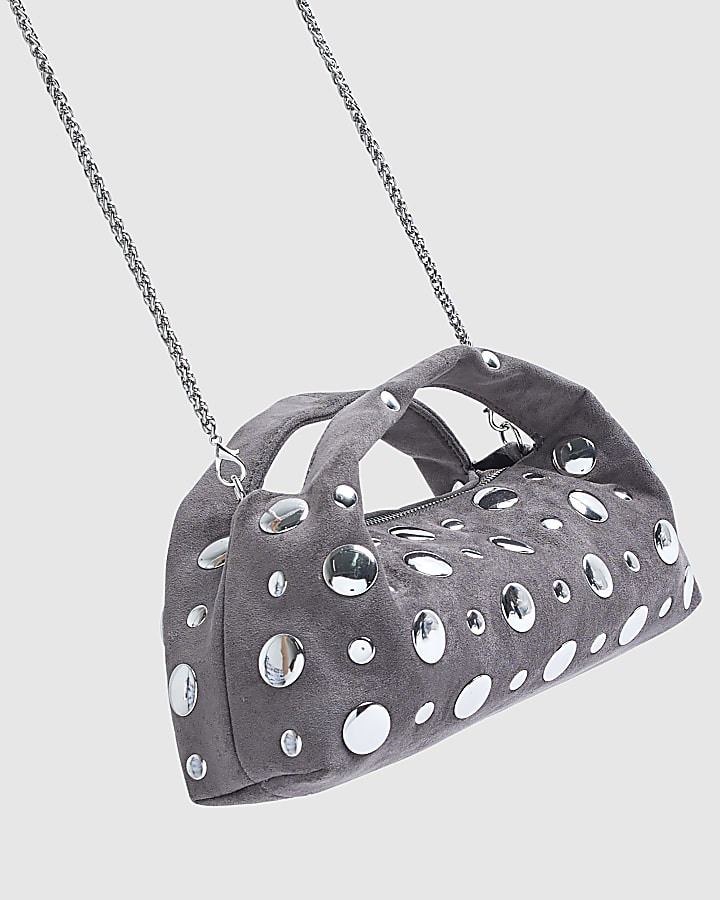Grey Studded Faux suede Cross Body bag