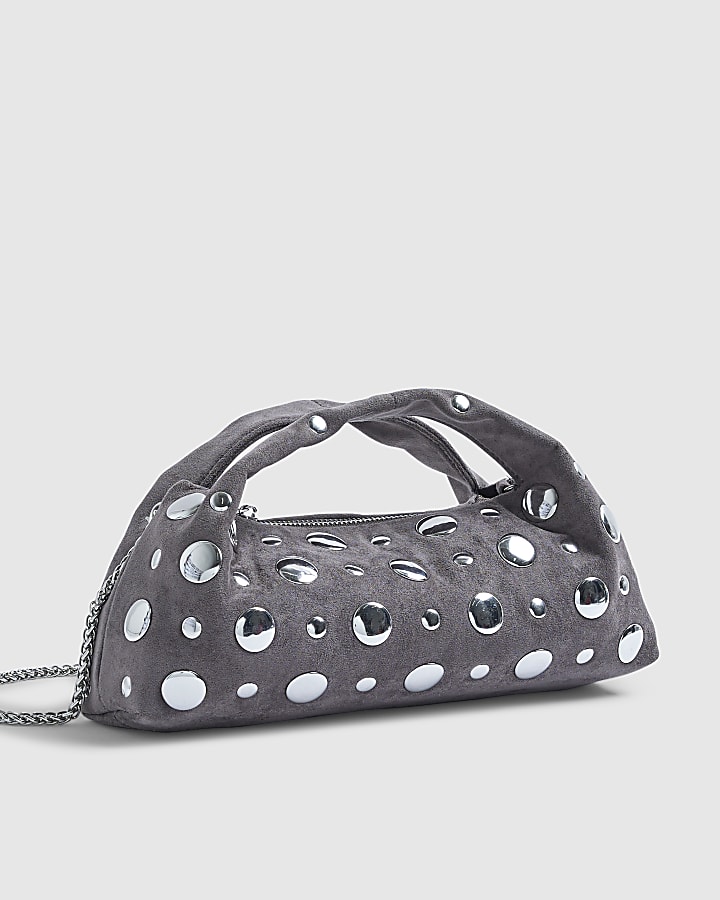 Grey Studded Faux suede Cross Body bag