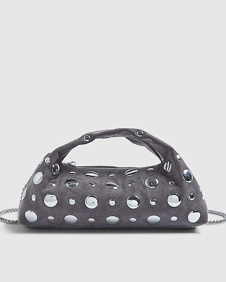 Grey Studded Faux suede Cross Body bag