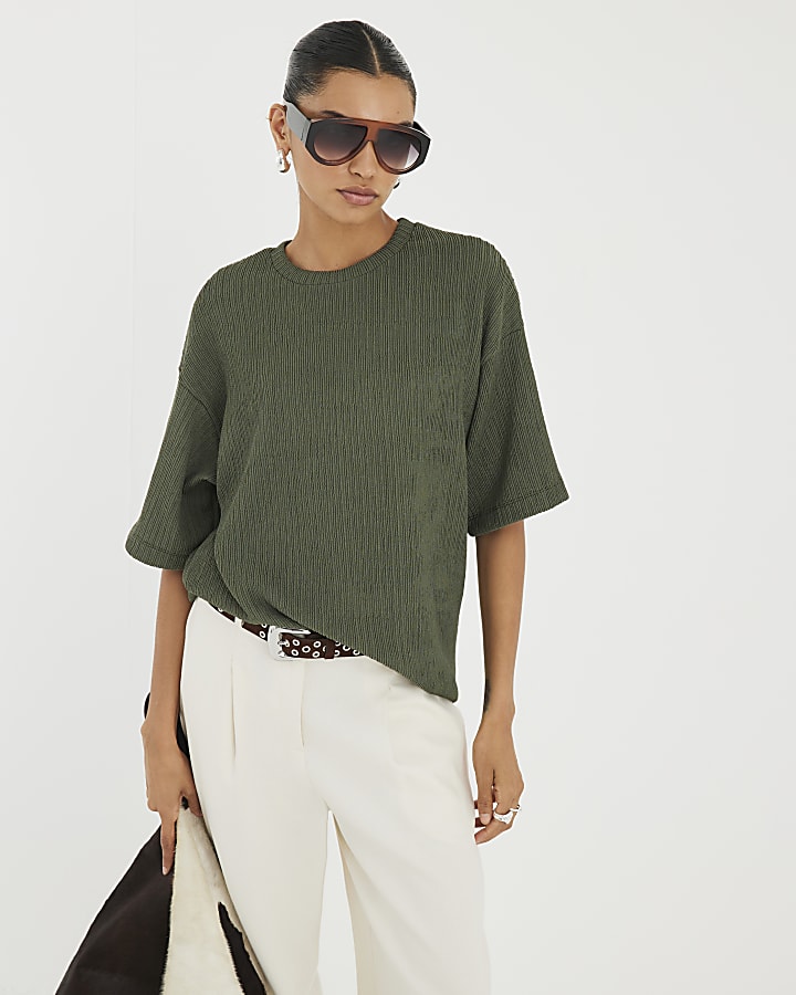 Green Oversized Short Sleeve Textured T-shirt