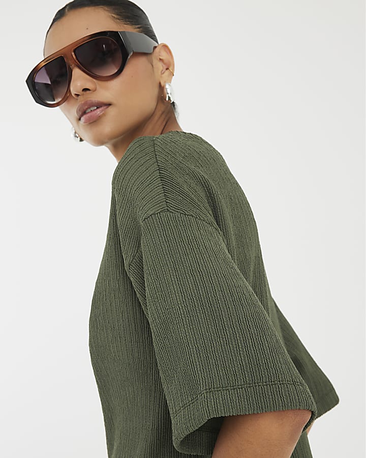 Green Oversized Short Sleeve Textured T-shirt