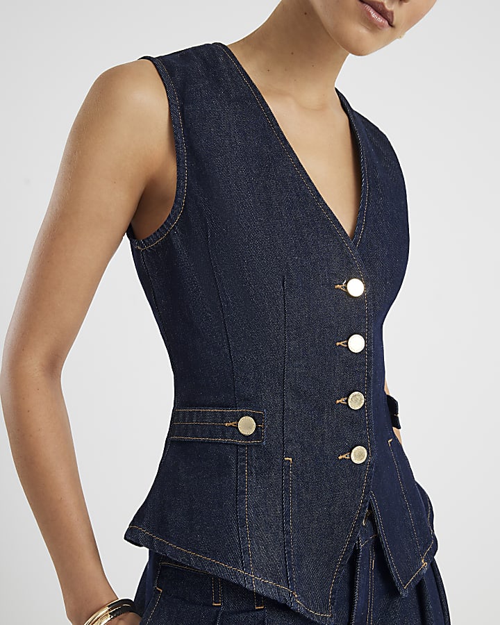 Denim Fitted Tab detail Waistcoat