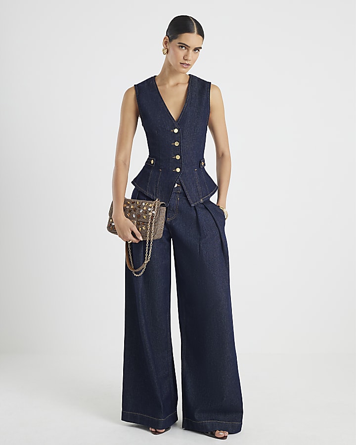 Denim Fitted Tab detail Waistcoat