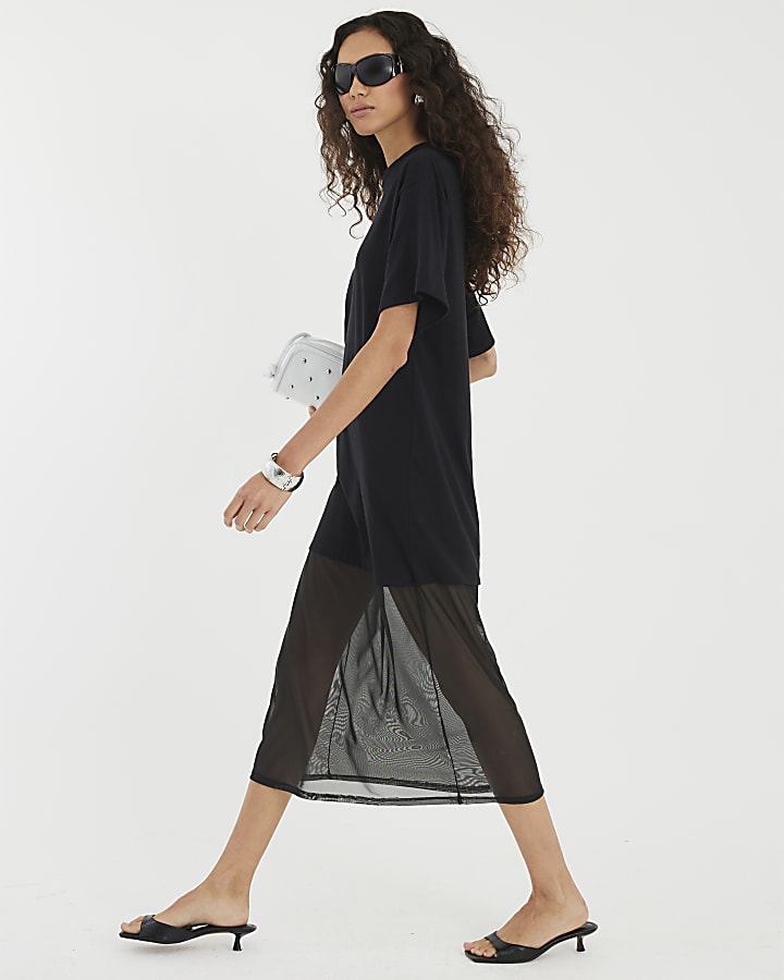 Black Mesh Hybrid T-shirt Midi Dress