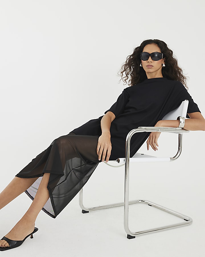 Black Mesh Hybrid T-shirt Midi Dress