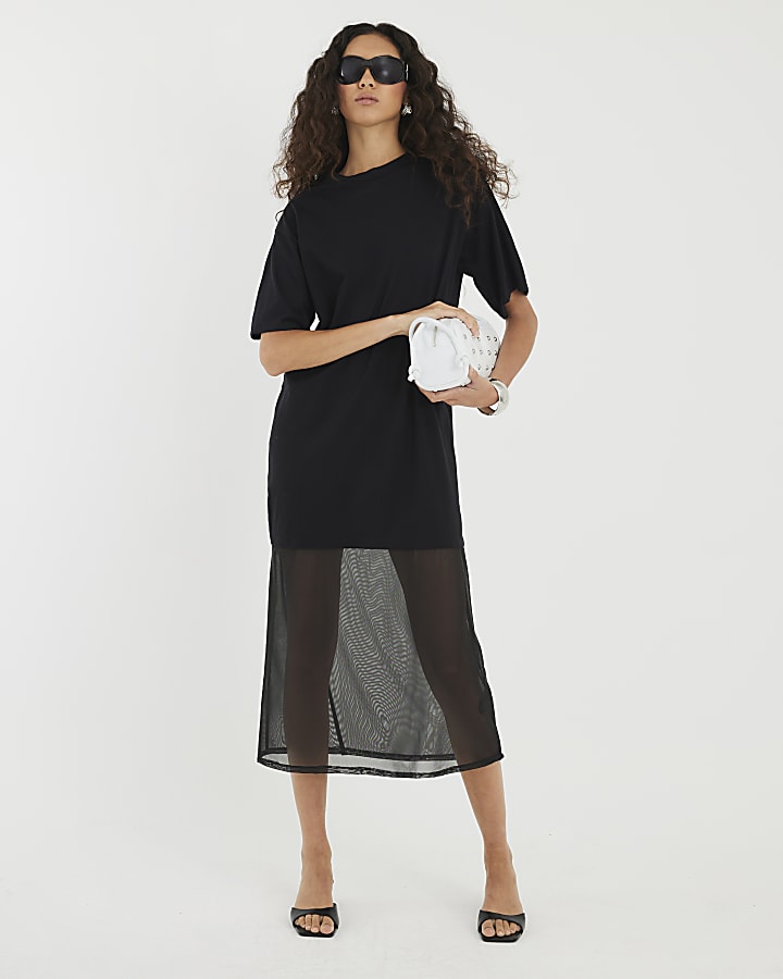 Black Mesh Hybrid T-shirt Midi Dress