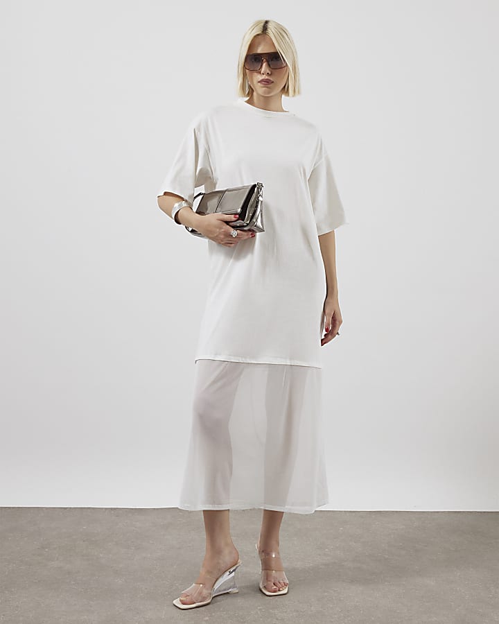 White Mesh Hybrid T-shirt Midi Dress