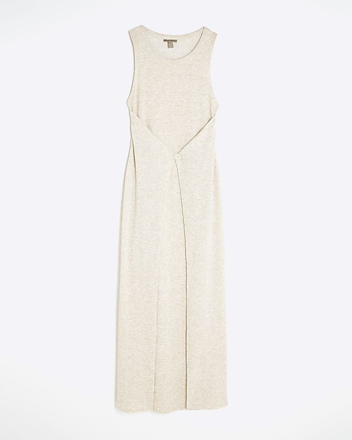 Beige Sleeveless Button Front Maxi Dress