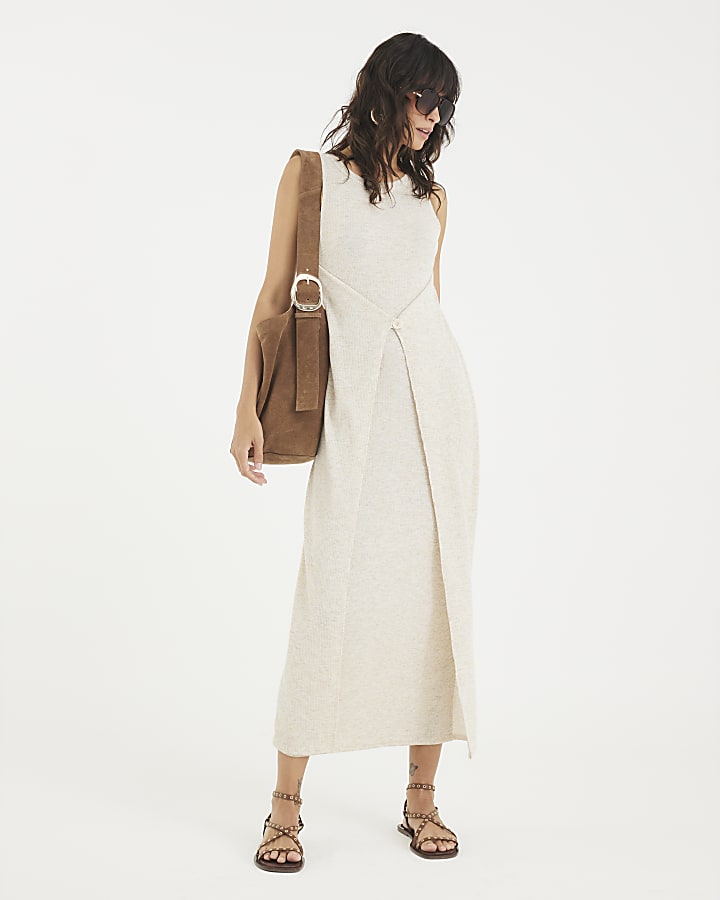 Beige Sleeveless Button Front Maxi Dress