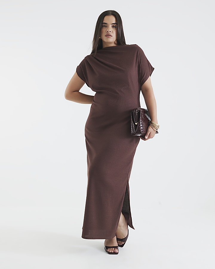 Brown Asymmetrical Ribbed Midi Dress
