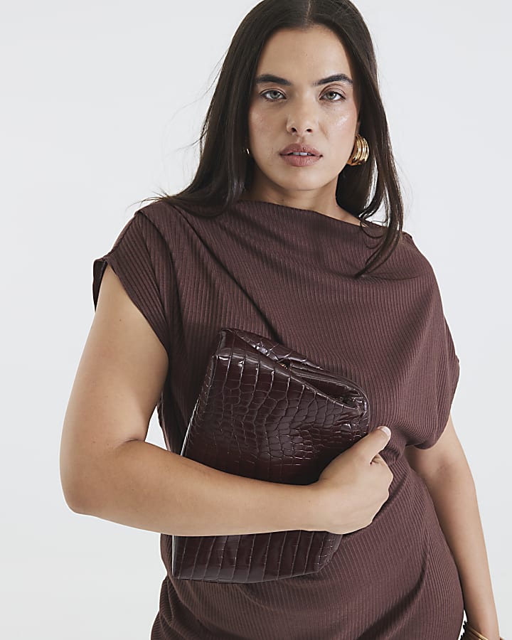 Brown Asymmetrical Ribbed Midi Dress