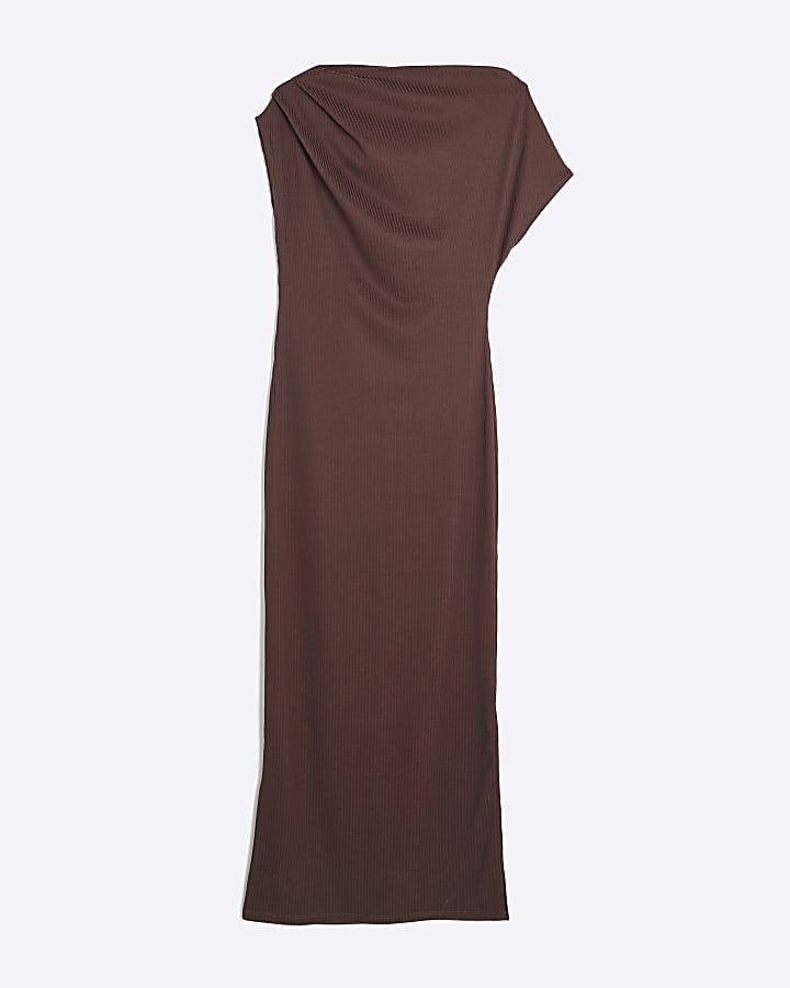 Brown Asymmetrical Ribbed Midi Dress