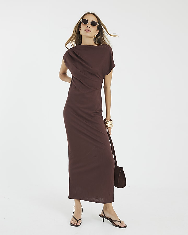 Brown Asymmetrical Ribbed Midi Dress