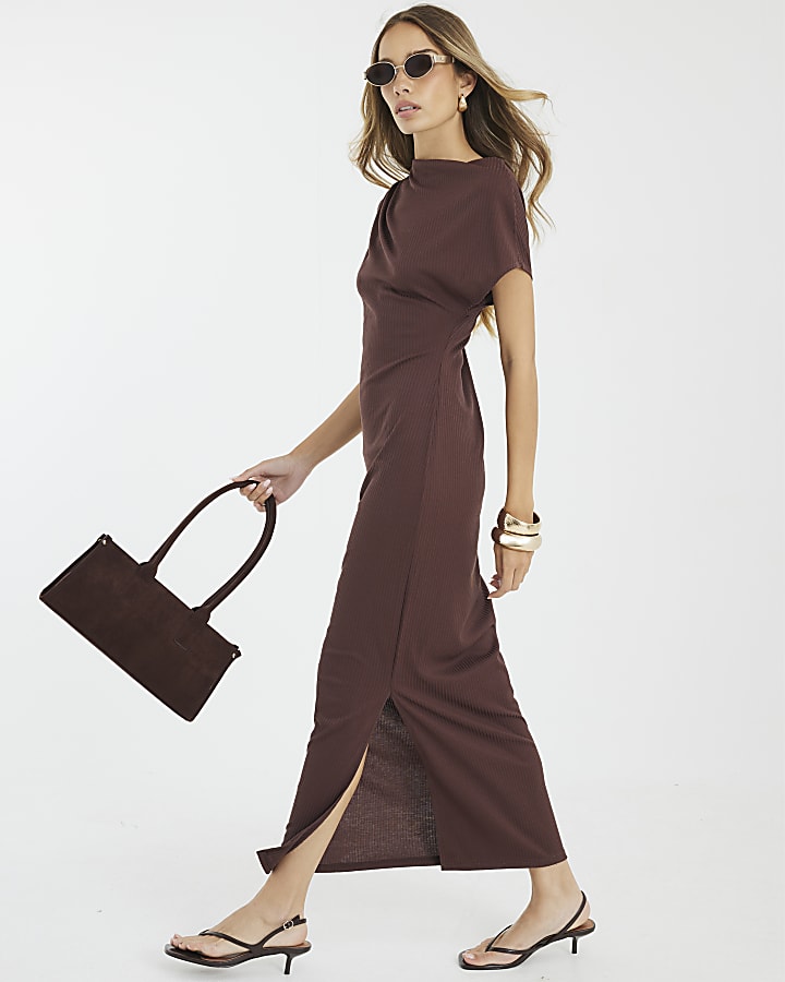 Brown Asymmetrical Ribbed Midi Dress