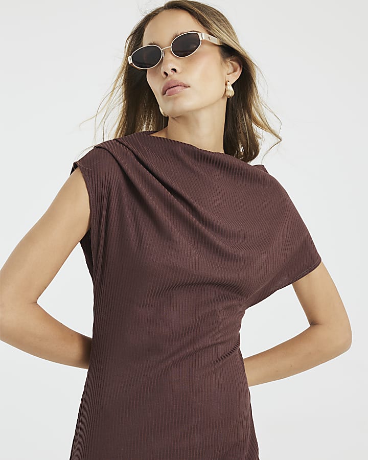 Brown Asymmetrical Ribbed Midi Dress