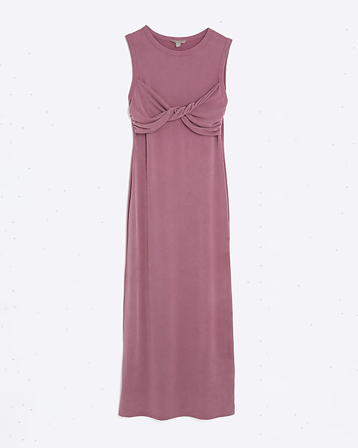 Pink Sleeveless Twist Front Midi Dress