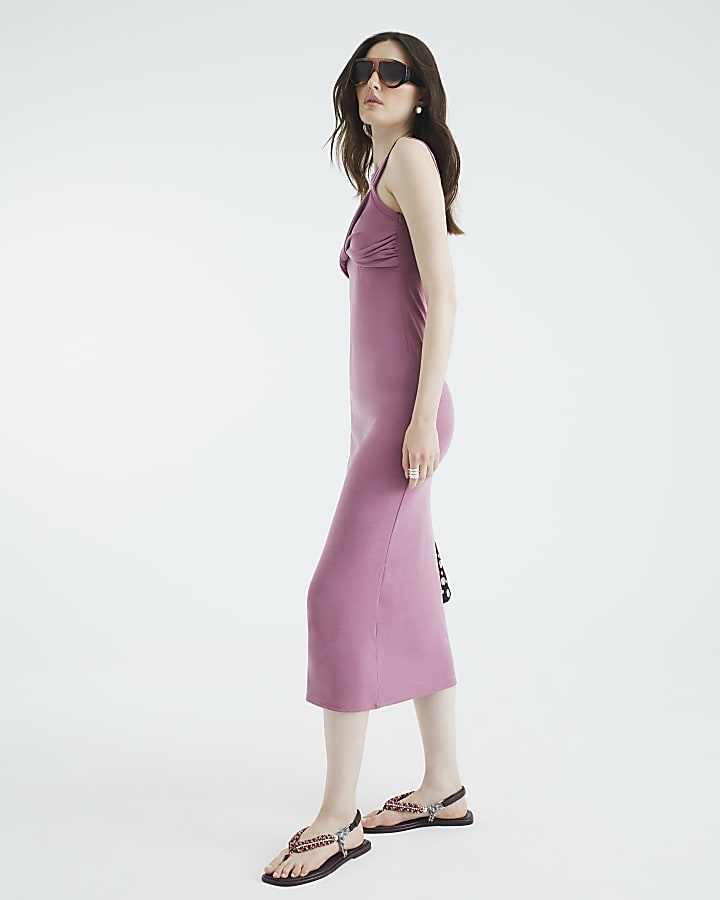 Pink Sleeveless Twist Front Midi Dress