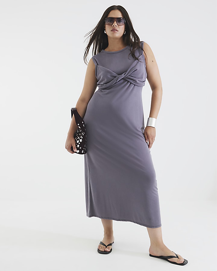 Grey Sleeveless Twist Front Midi Dress