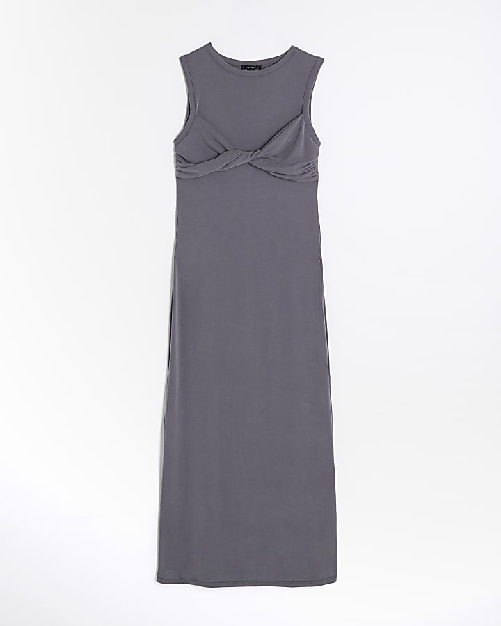 Grey Sleeveless Twist Front Midi Dress