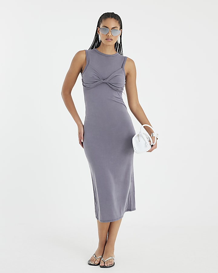 Grey Sleeveless Twist Front Midi Dress