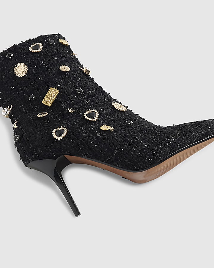 Black Brooch Embellished Boots