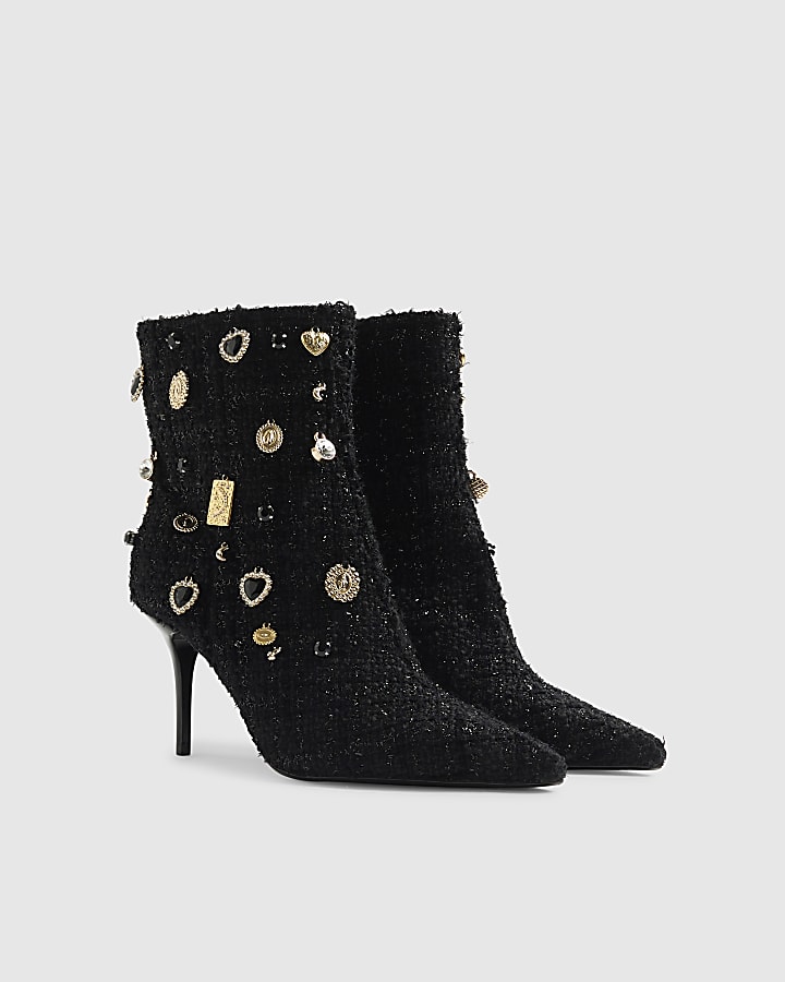 Black Brooch Embellished Boots