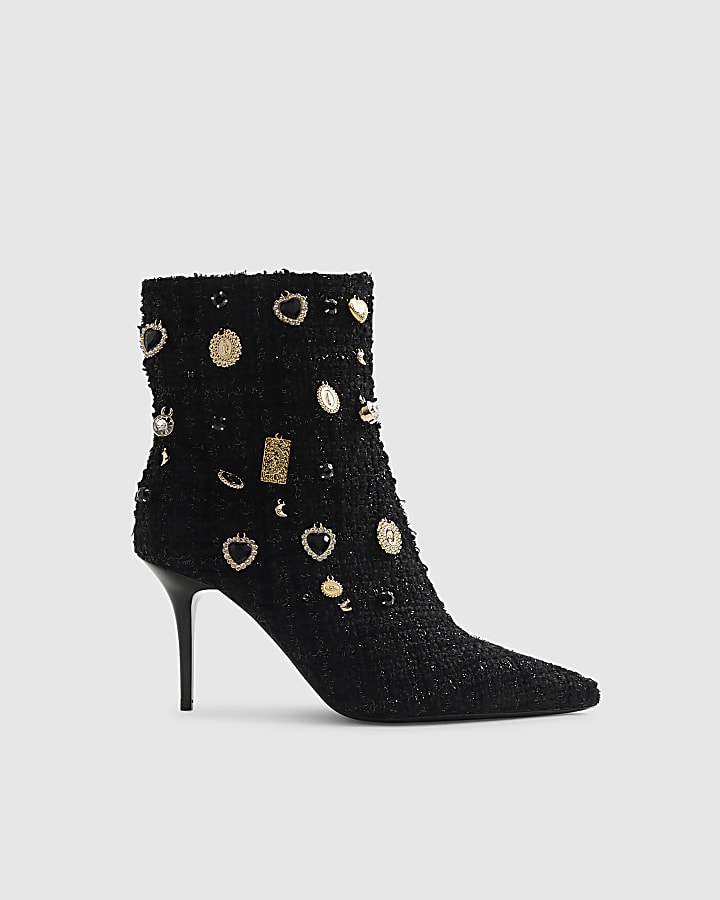 Black Brooch Embellished Boots