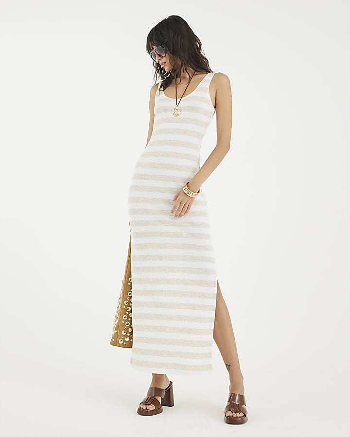 Cream Stripe Sleeveless Maxi Dress