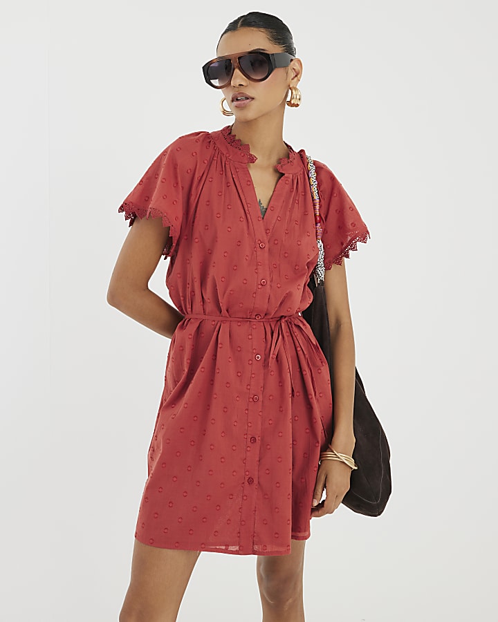 Red Short Sleeve V-Neck Mini Dress