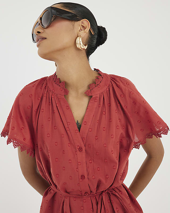 Red Short Sleeve V-Neck Mini Dress