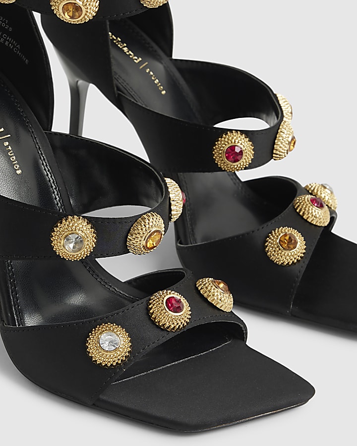 Black Embellished Strappy Heeled Sandals