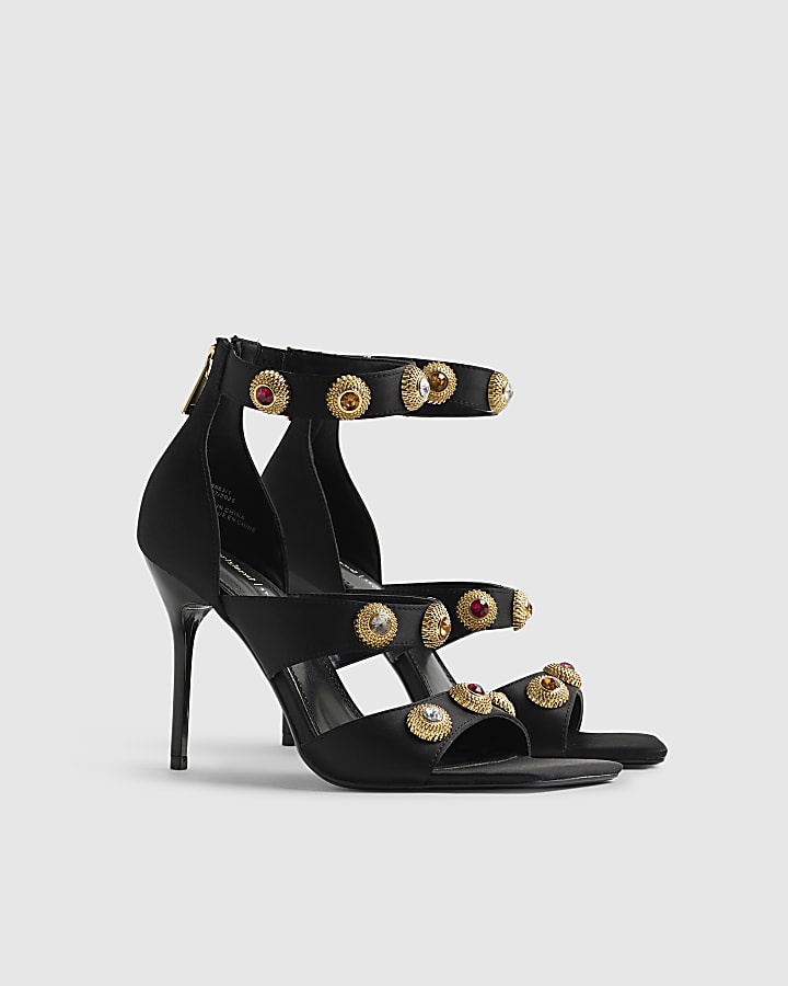 Black Embellished Strappy Heeled Sandals