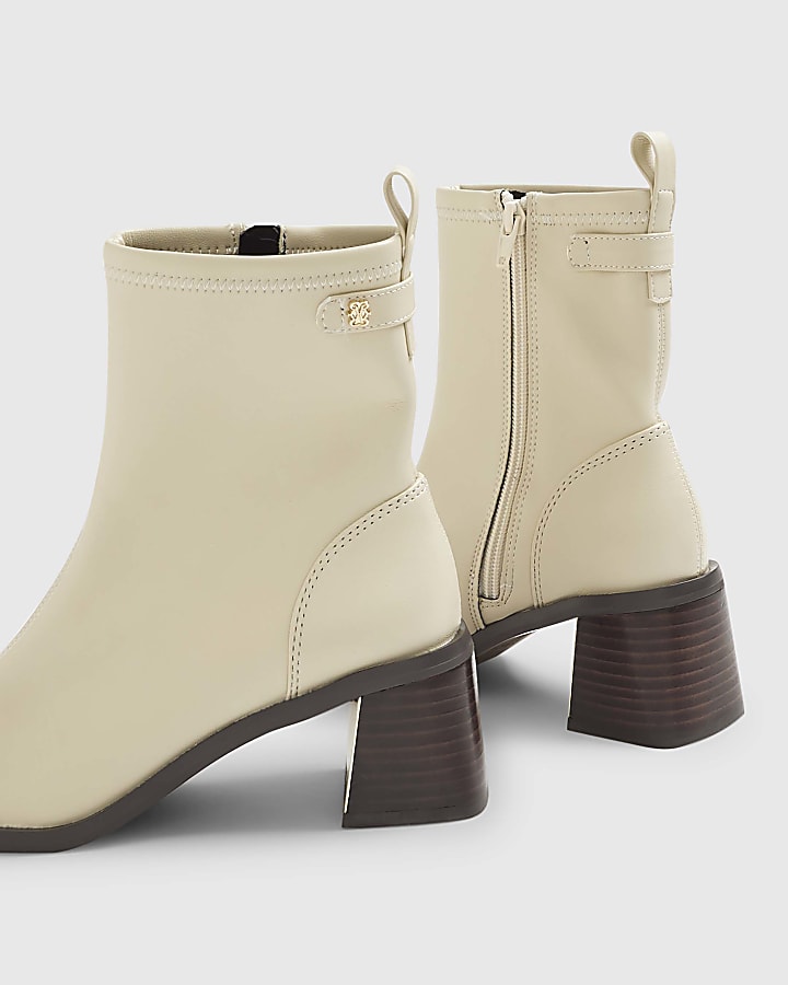 Cream Block Heel Stretch Sock Boots
